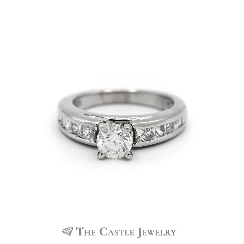 Beautiful Diamond Ring-Platinum Engagement Ring with 1/2 Carat Round Center & Princess Sides