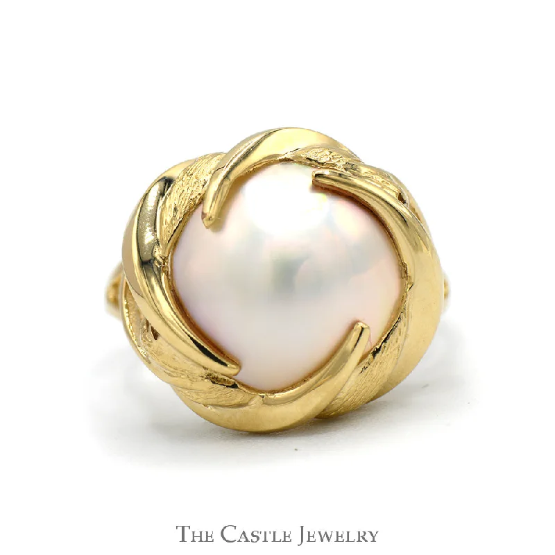 Dainty Engagement Ring-Mabe Pearl Ring with Swirled Bezel and Split Shank Sides in 14k Yellow Gold