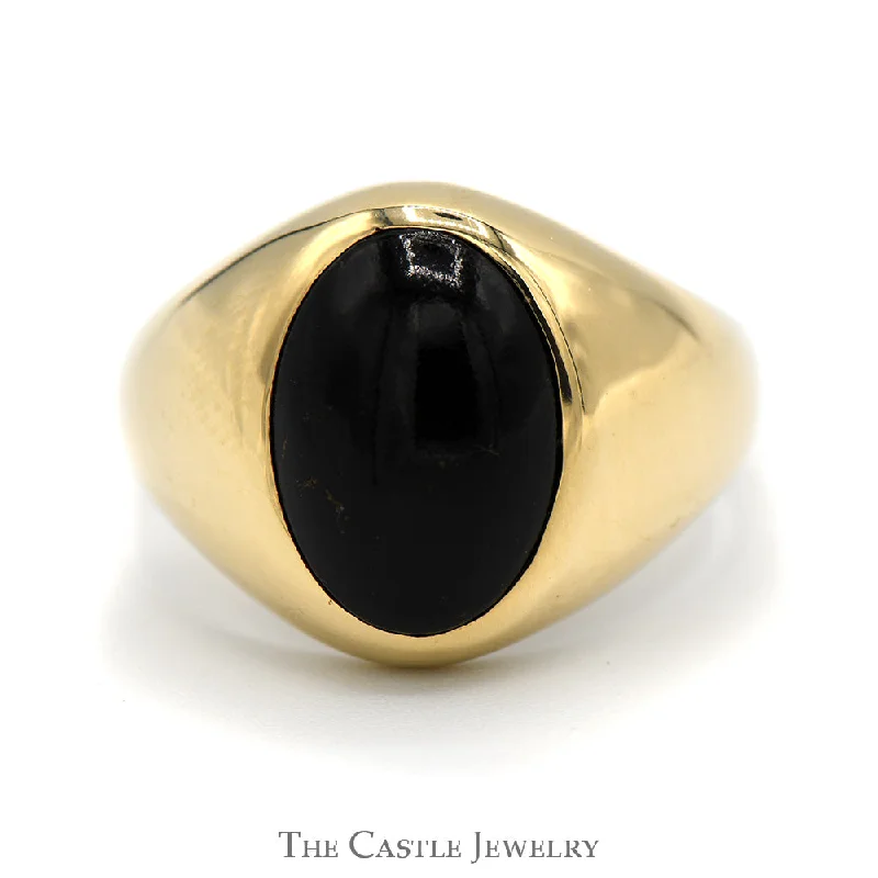 Gold Ring with Citrine-Oval Cabochon Black Onyx Dome Ring in Polished 14k Yellow Gold