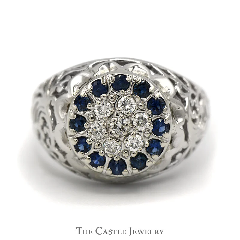 Elegant Custom Ring-Sapphire & Diamond Kentucky Cluster Ring with Open Filigree Sides in 10k White Gold