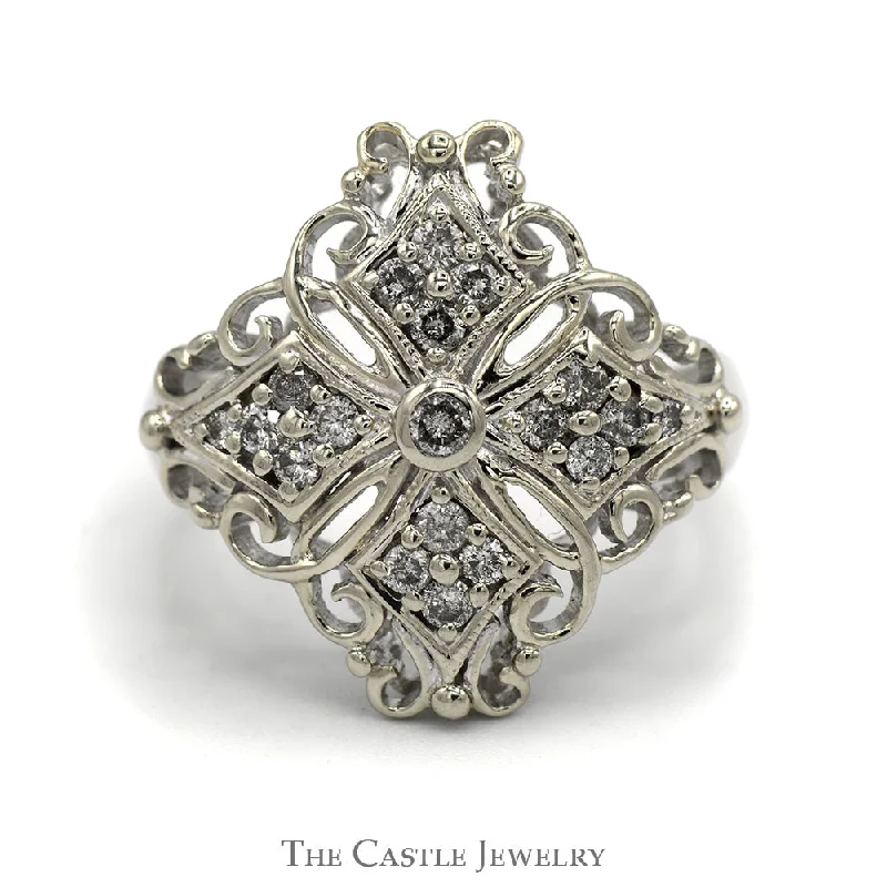 Stunning Engagement Ring-Filigree Style .40cttw Diamond Cluster Shield Ring in 14k White Gold