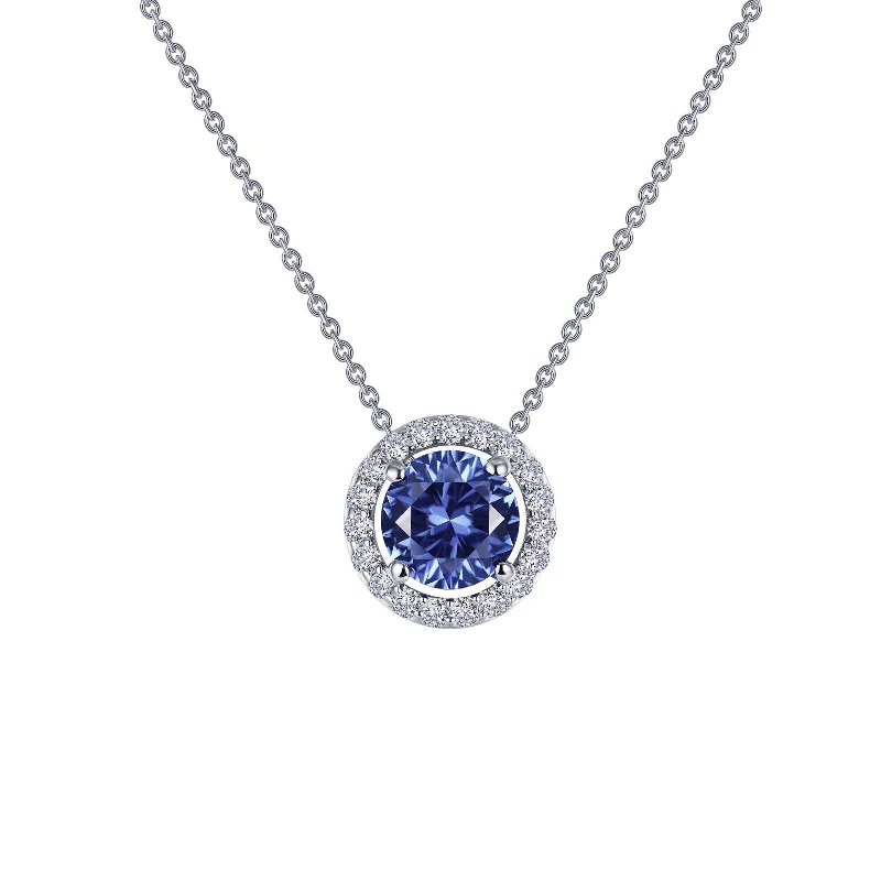 Fashionable Birthstone Necklace-Lafonn Simulated Diamond and Tanzanite Round Halo Necklace N0104CTP