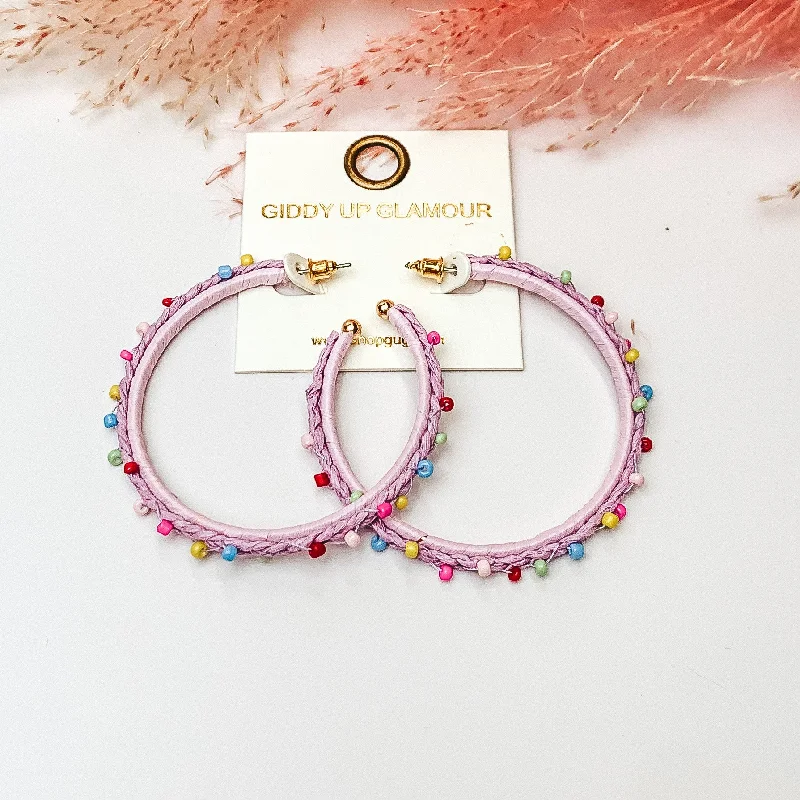 Artistic Dangle Earrings-Summer Love Raffia Braided Hoop Earrings with Multicolor Beads in Lavender