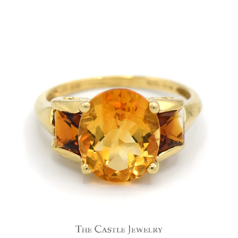 Wedding Ring for Special Occasions-Oval Citrine Ring with Square Garnet Accents in 14k Yellow Gold