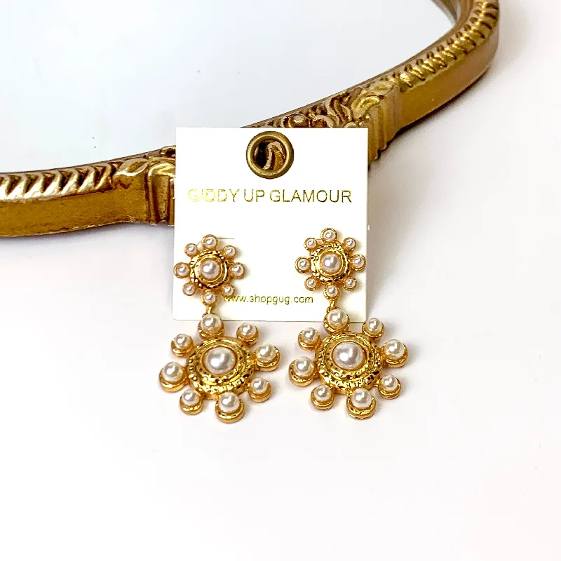 Elegant Earrings for Special Occasions-Gold Tone Pearl Flower Drop Earrings