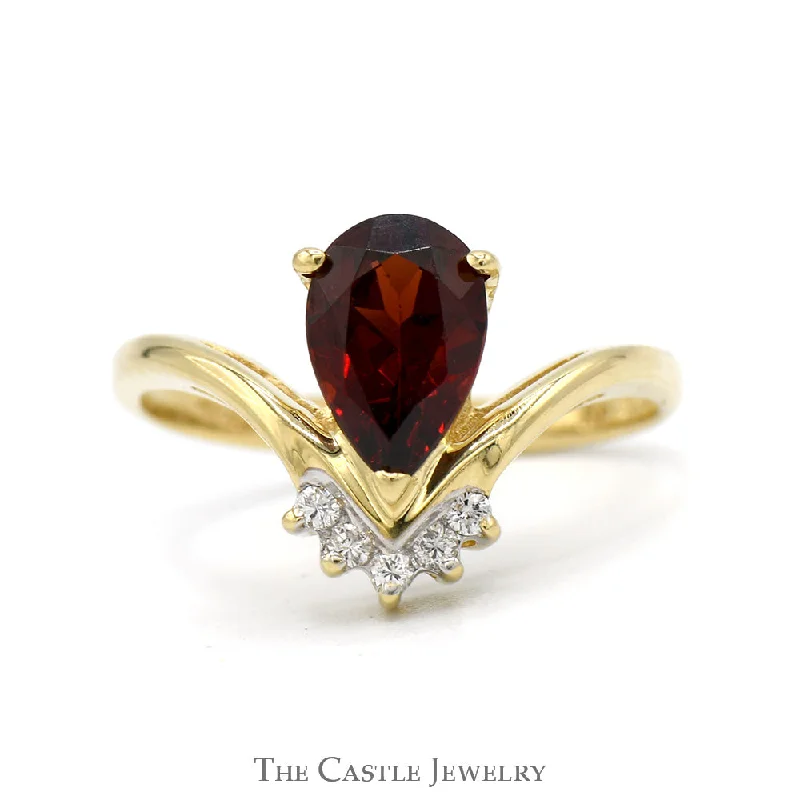 Bold Engagement Ring-Pear Cut Garnet Ring with Diamond Accents in 14k Yellow Gold "V" Shaped Setting