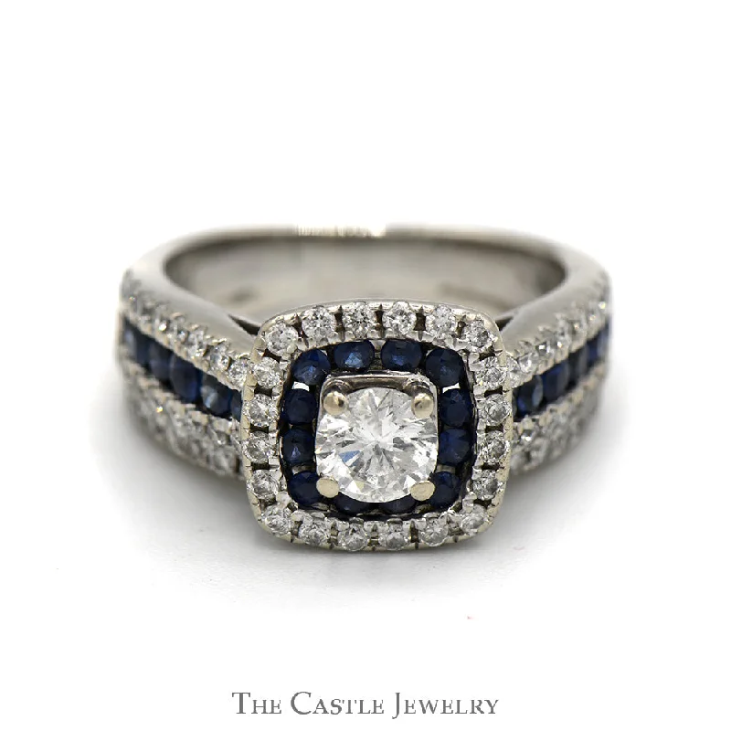 Elegant Gold Engagement Ring-RBC Diamond Bridal Set with Sapphire Halo & Mounting in 14K WG