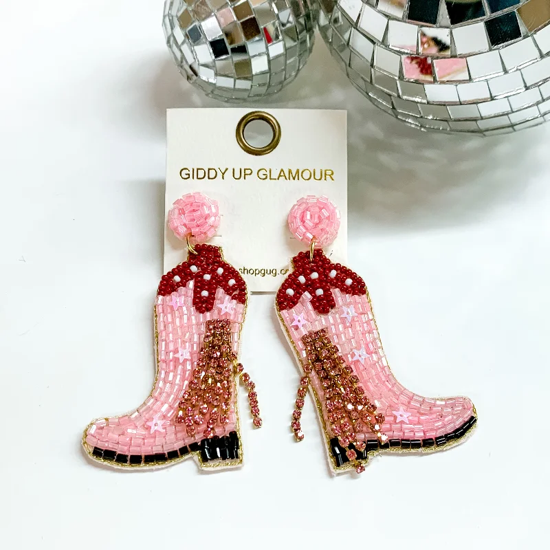 Vintage Earrings for Women-Beaded Boots Earrings in Pink with Pink Crystal Tassels