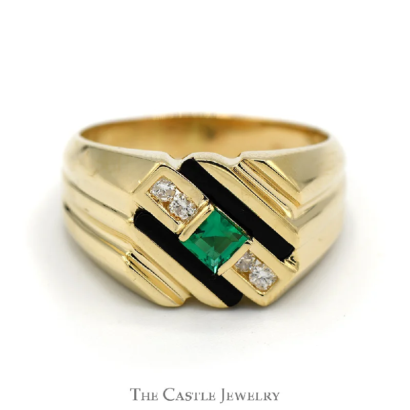 Fashionable Engagement Ring-Square Cut Emerald Ring with Onyx and Diamond Accents in 14k Yellow Gold