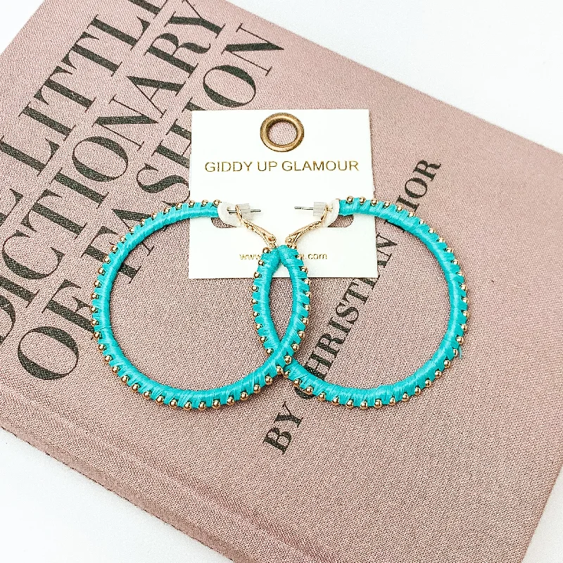 Customizable Wedding Earrings-Circle Gold Tone Beaded Hoop Earrings in Turquoise