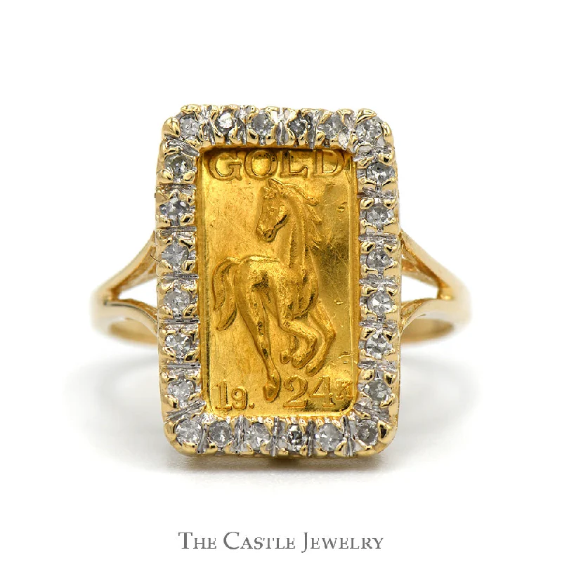 Beautiful Gold Wedding Band-1 Gram 24k Gold Horse Bar Ring in 14k Yellow Gold Diamond Accented Mounting