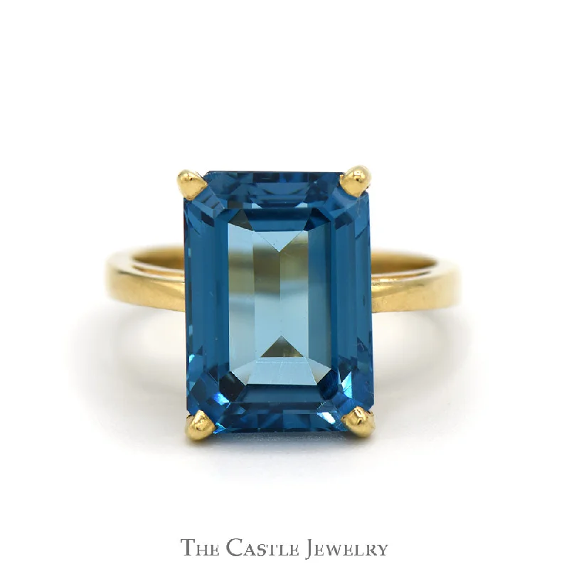 Custom Silver Engagement Ring-Emerald Cut Blue Topaz Solitaire Ring in 14k Yellow Gold