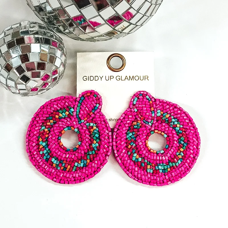 Crystal Drop Earrings-Poolside Babe Circle Beaded Earrings in Fuchsia