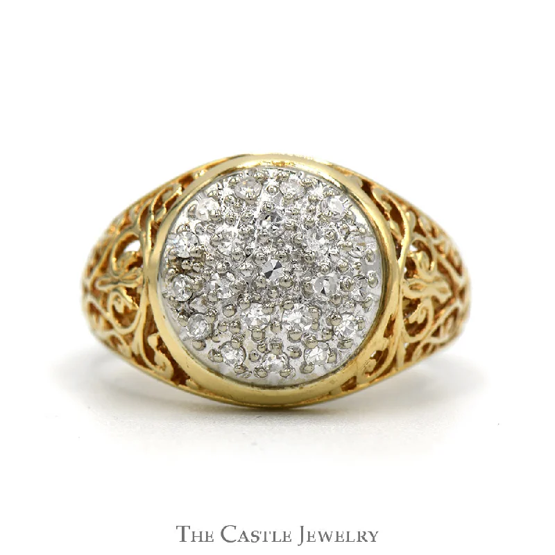 Simple Wedding Band for Men-1/2cttw Kentucky Diamond Cluster Ring with Open Filigree Sides in 14k Yellow Gold