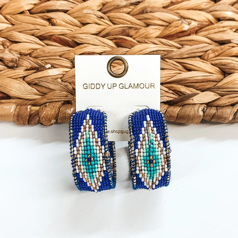 Statement Earrings for Weddings-Aztec Pattern Beaded Hoop Earrings in Royal Blue