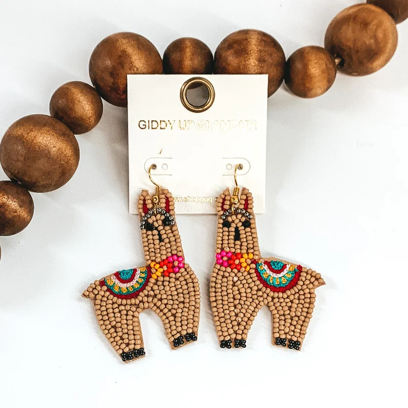 Long Chandelier Earrings-Beaded Llama Earrings in Tan