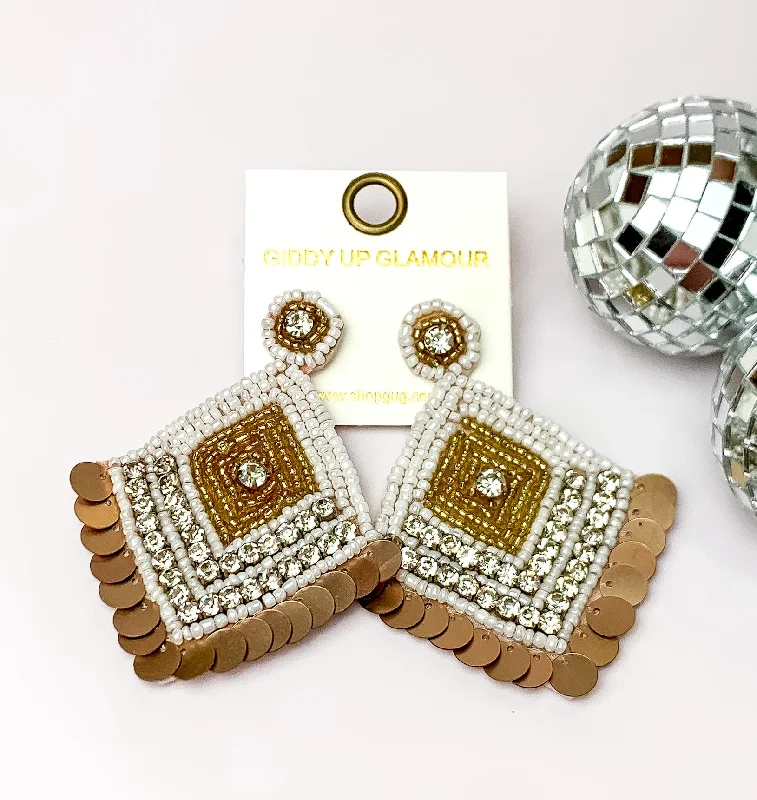 Classic Gold Earrings-Fashionista Diamond Shaped Beaded Earrings in White, and Gold