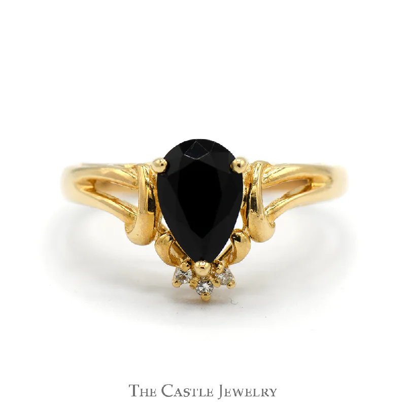 Personalized Gemstone Ring-Pear Cut Black Onyx Ring with Diamond Accents in 14k Yellow Gold