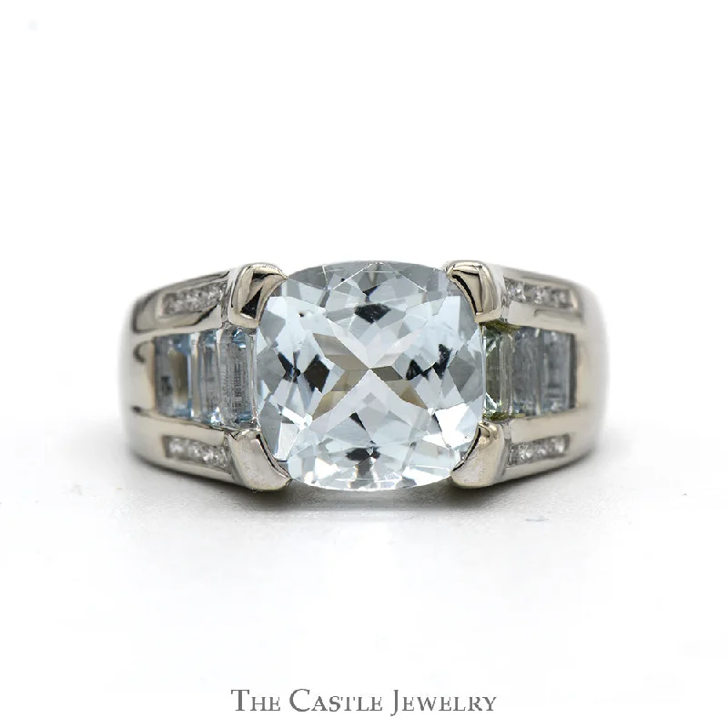 Wedding Band for Bride-Cushion Cut Aquamarine Ring with Baguette Aquamarine Sides and Diamond Accents in 14k White Gold