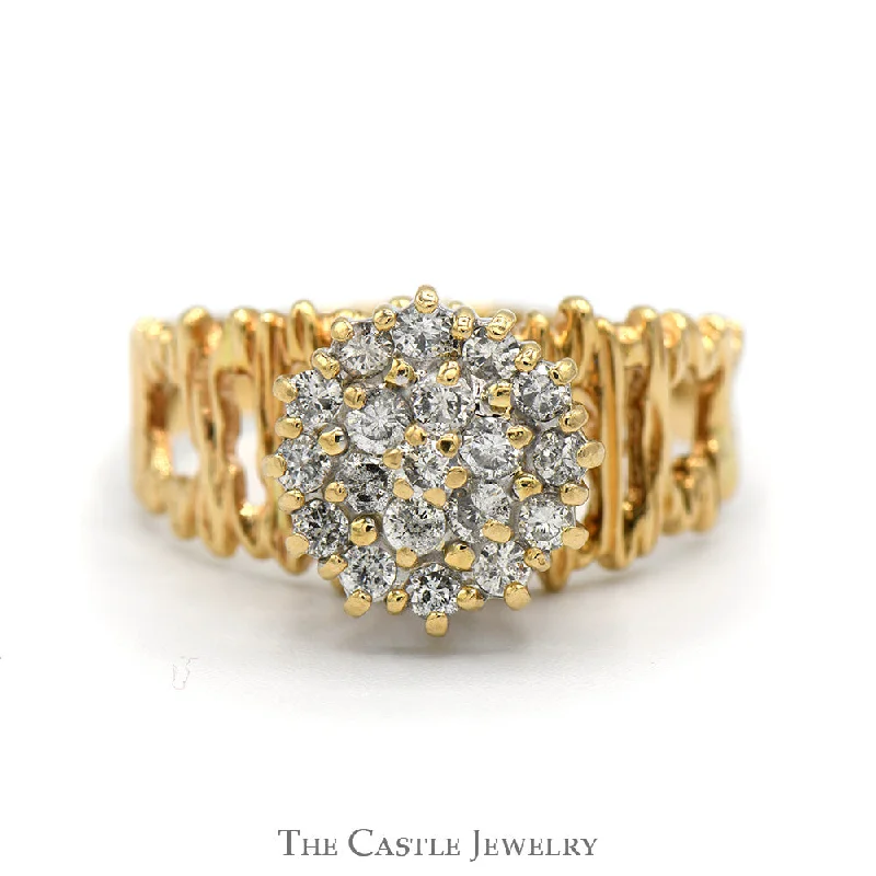 Luxury Gold Ring-3/4cttw Diamond Cluster Ring with Open Bark Designed Sides in 14k Yellow Gold