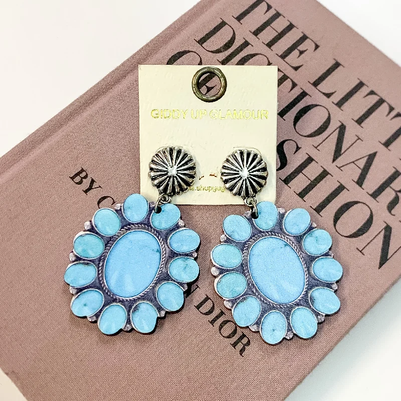 Custom Engraved Earrings-Western Wood Concho Post Earrings in Turquoise Blue