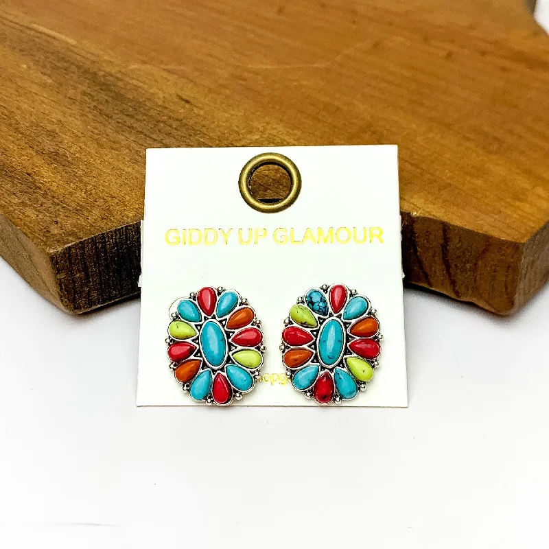 Small Stud Earrings for Women-Silver Tone Concho Cluster Oval Earrings in Multicolored