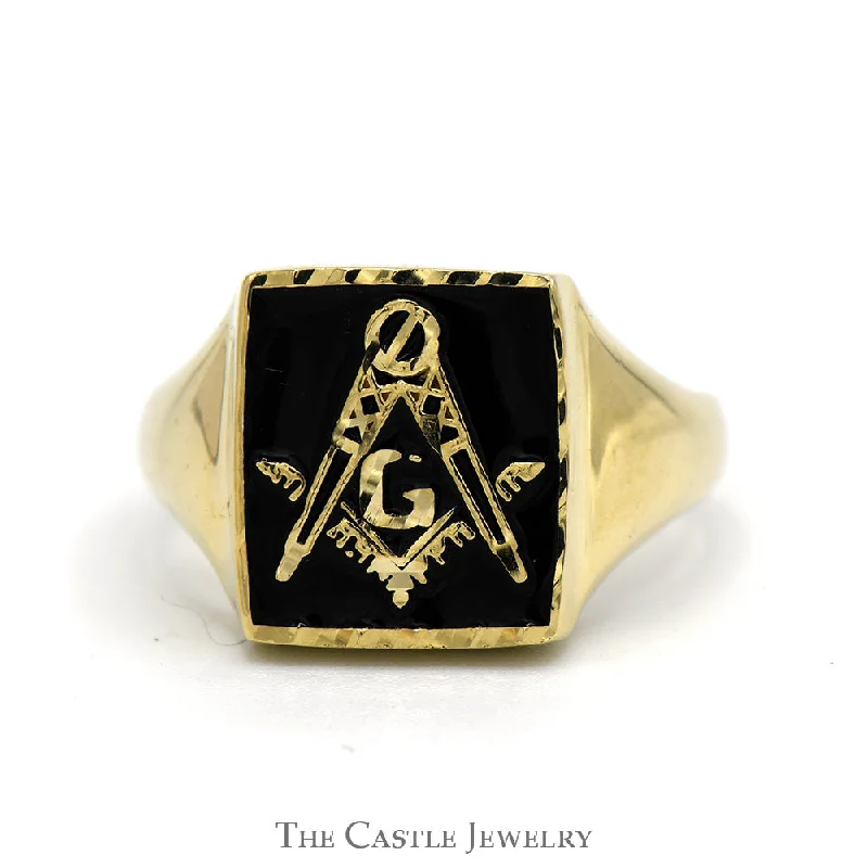 Beautiful Diamond Ring-Black Enamel Masonic Square & Compass Signet Ring in 10k Yellow Gold