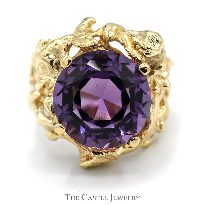 Rose Gold Wedding Band for Women-Large Round Amethyst Ring with Vine & Fish Design in 14k Yellow Gold