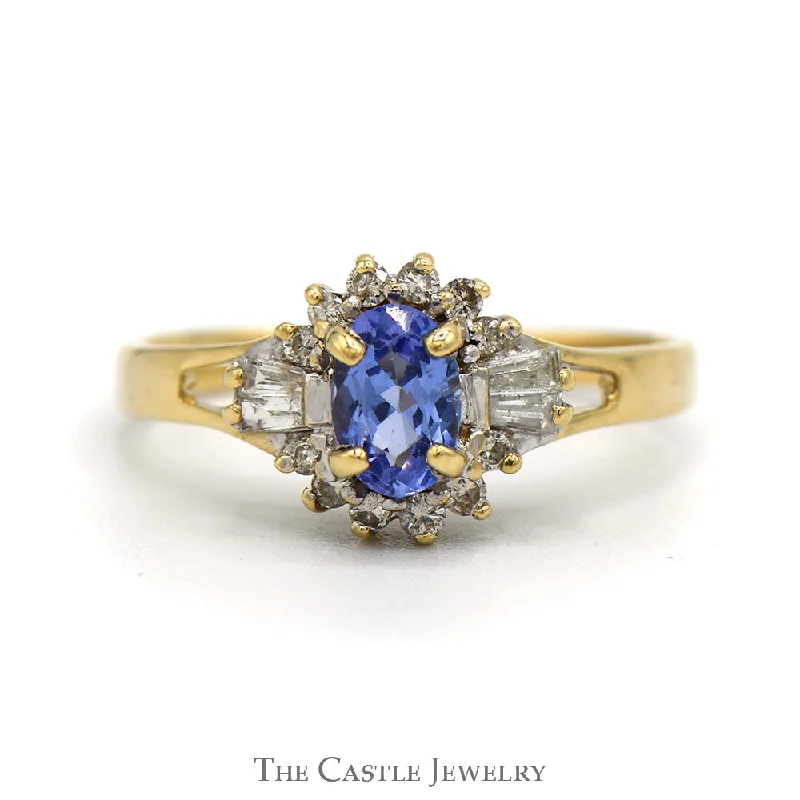 Diamond Wedding Band for Bride-Oval Cut Tanzanite Ring With Diamond Halo And Sides .20 CTTW In 14KT Yellow Gold