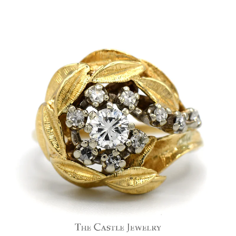 Diamond Engagement Ring-1/2cttw Floral Inspired Cluster Ring with Leaf Designed Halo in 14k Yellow Gold