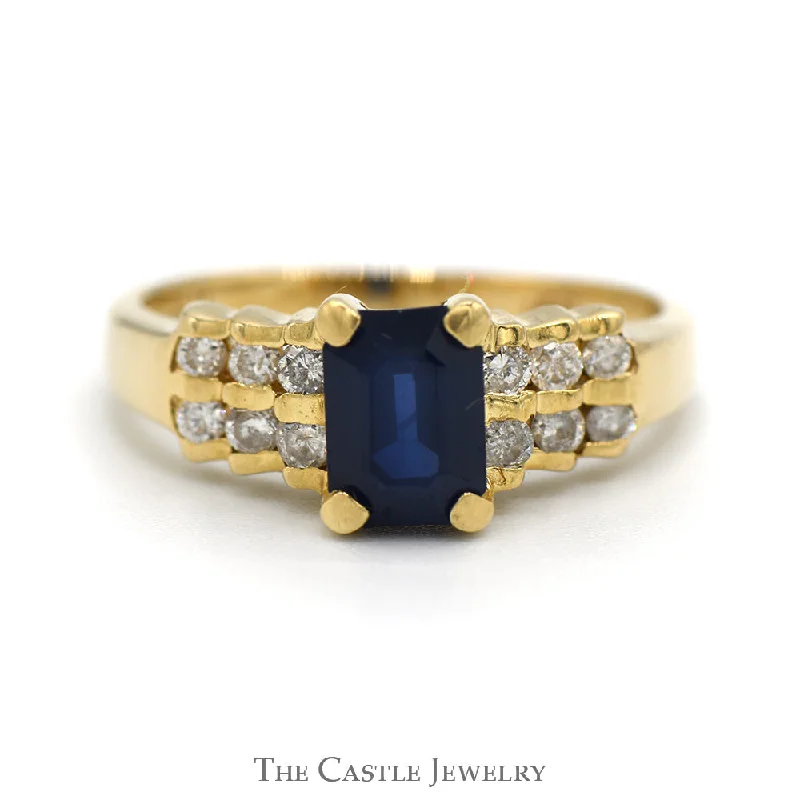 Simple Silver Ring-Emerald Cut Sapphire Ring with Two Rows of Round Diamond Accents in 14k Yellow Gold