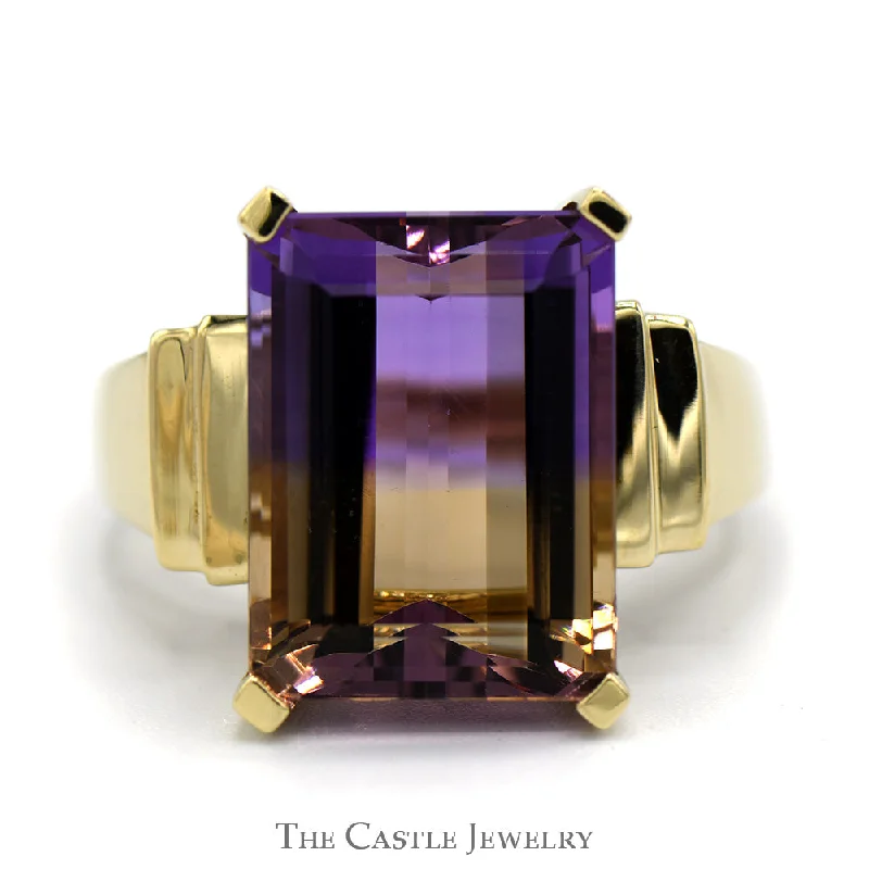 Men's Ring with Diamonds-Emerald Cut Ametrine Ring with Beveled Sides in 10k Yellow Gold