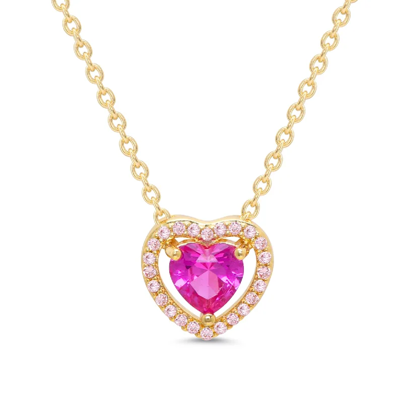 Heart Necklace with Diamonds-CZ Heart Halo Necklace - 2-Tone Pink