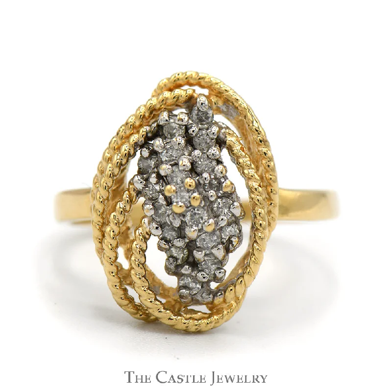 Unique Wedding Band with Diamonds-Waterfall Diamond Cluster Ring with Rope Designed Bezel in 14k Yellow Gold