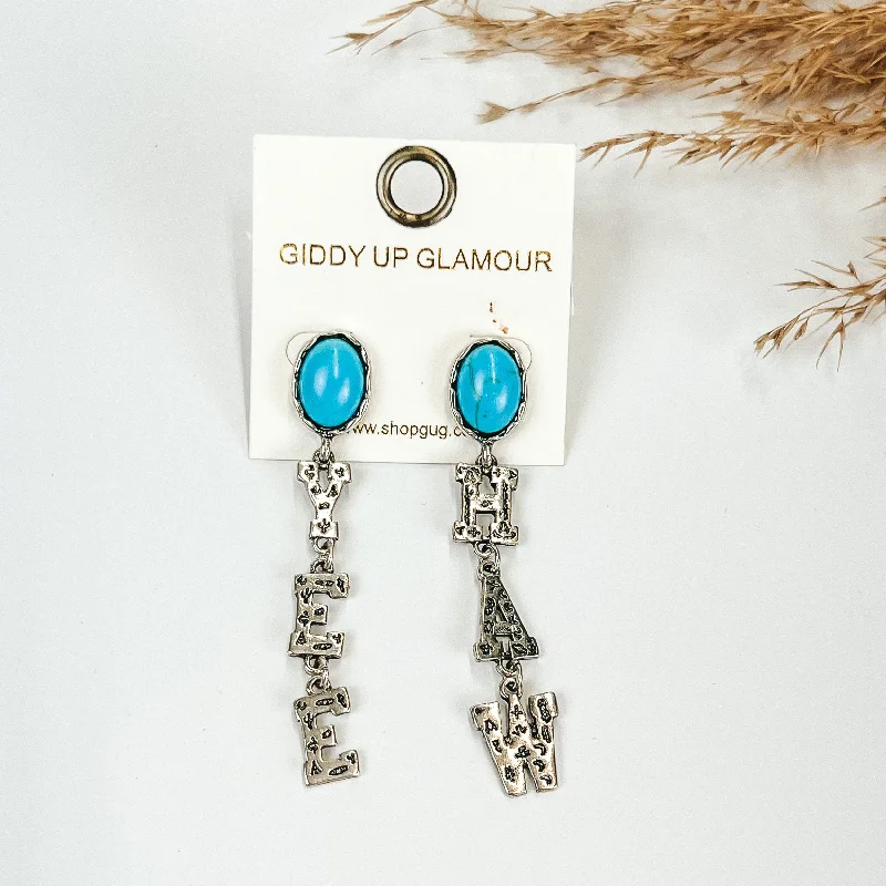 Gold Hoop Earrings-Western Yee Haw Earrings In Silver Tone with Oval Post Back in Turquoise