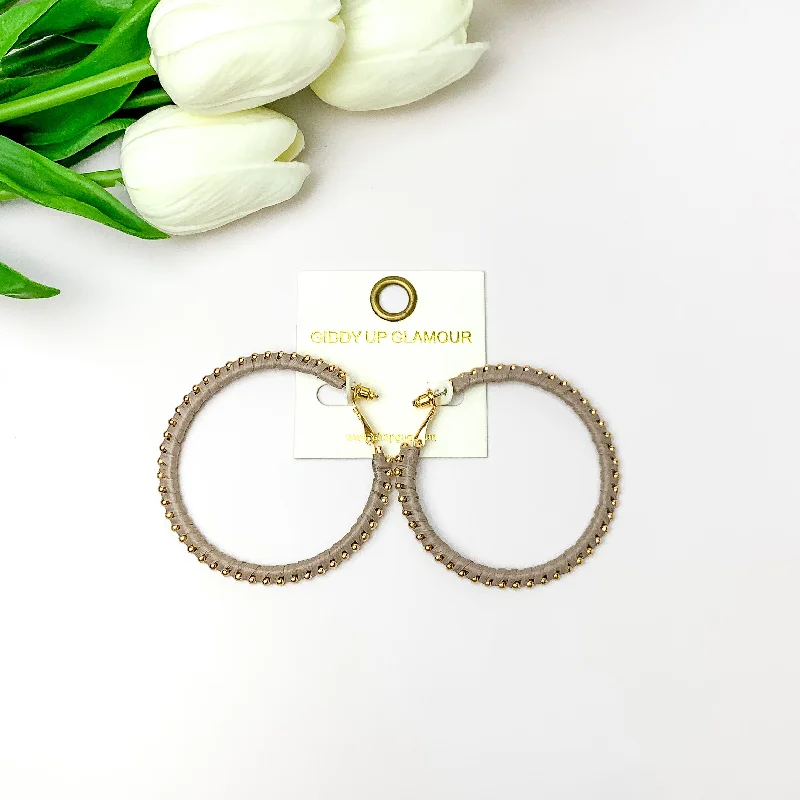 Chic Pearl Earrings-Circle Gold Tone Beaded Hoop Earrings in Grey