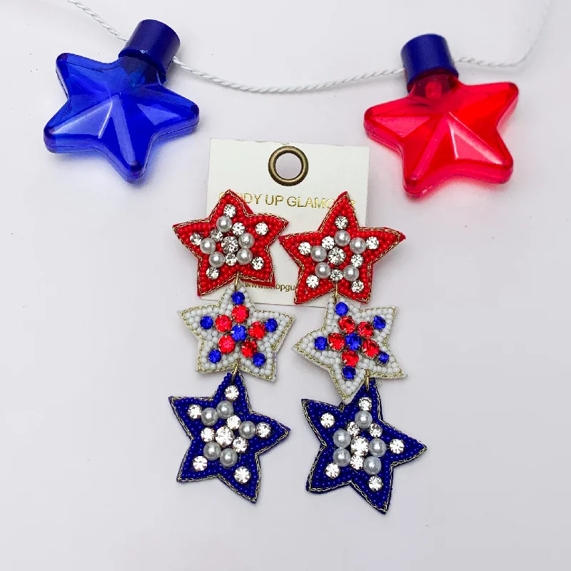 Ethnic Earrings for Women-Red, White, And Blue Three Tier Star Earrings