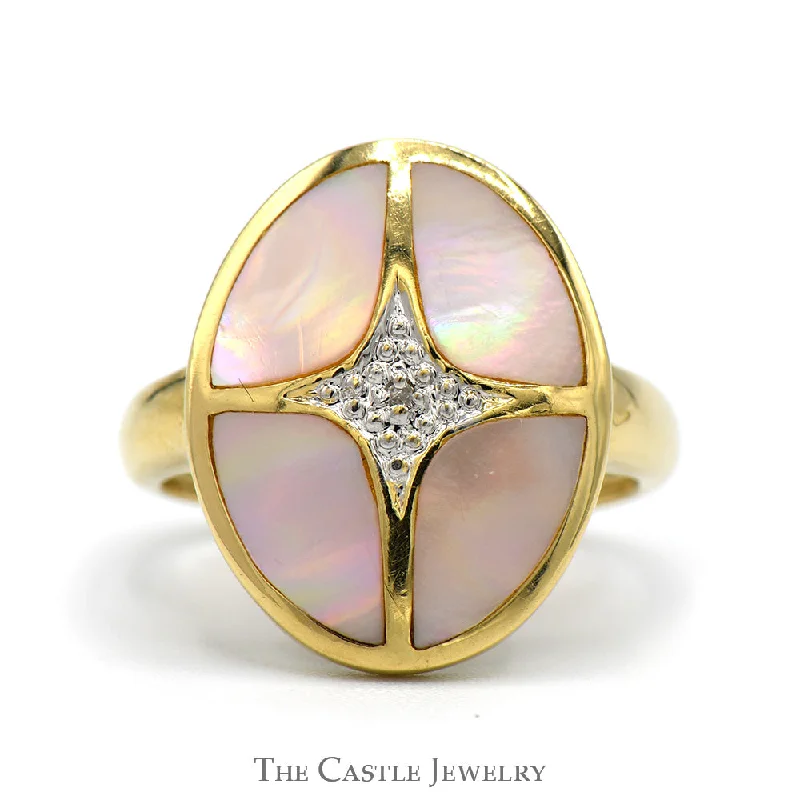 Personalized Name Ring-Oval Shaped Pink Mother of Pearl Ring with Diamond Accent in 14k Yellow Gold