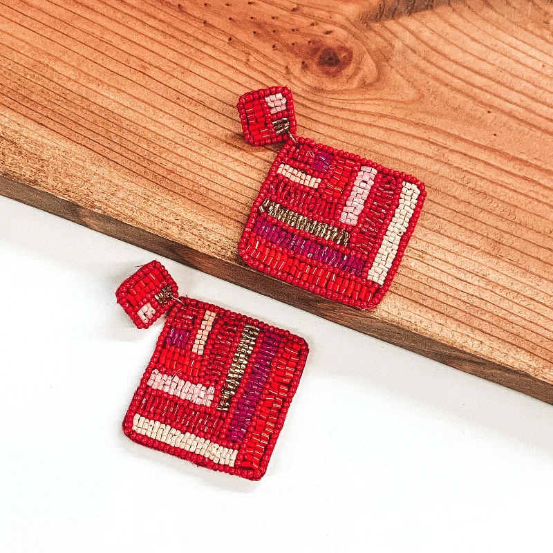 Vintage Silver Earrings-Resort Life Beaded Square Drop Earrings with Chevron Design in Red