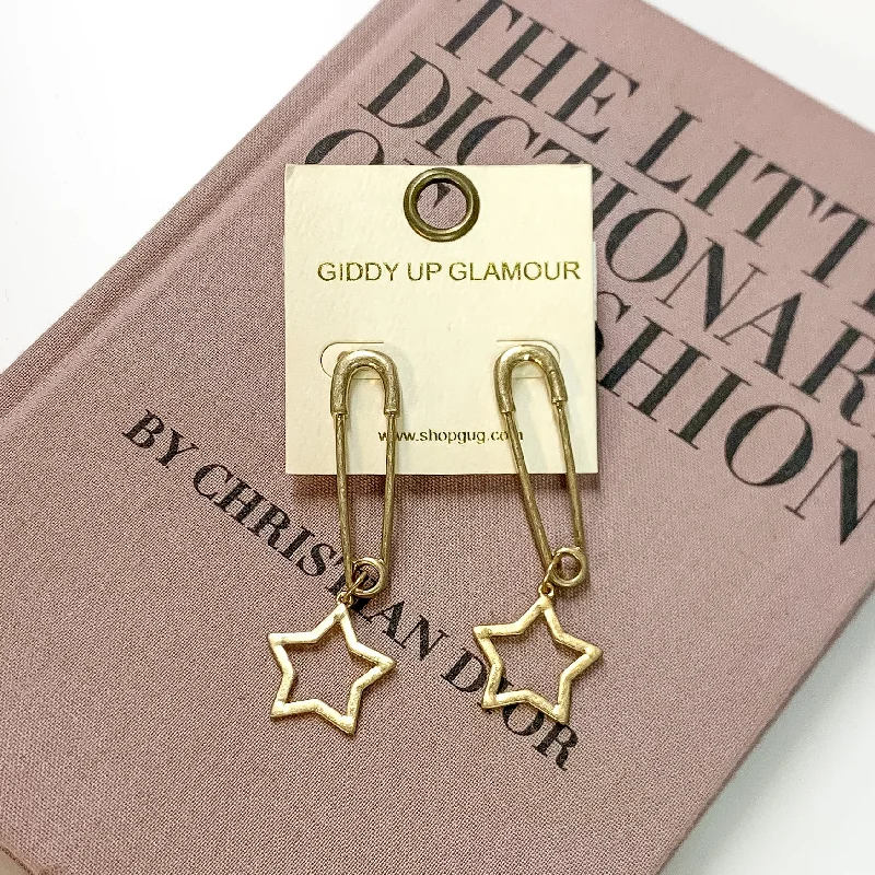 Artistic Earrings for Women-Gold Tone Safety Pin Earrings with Star Charms