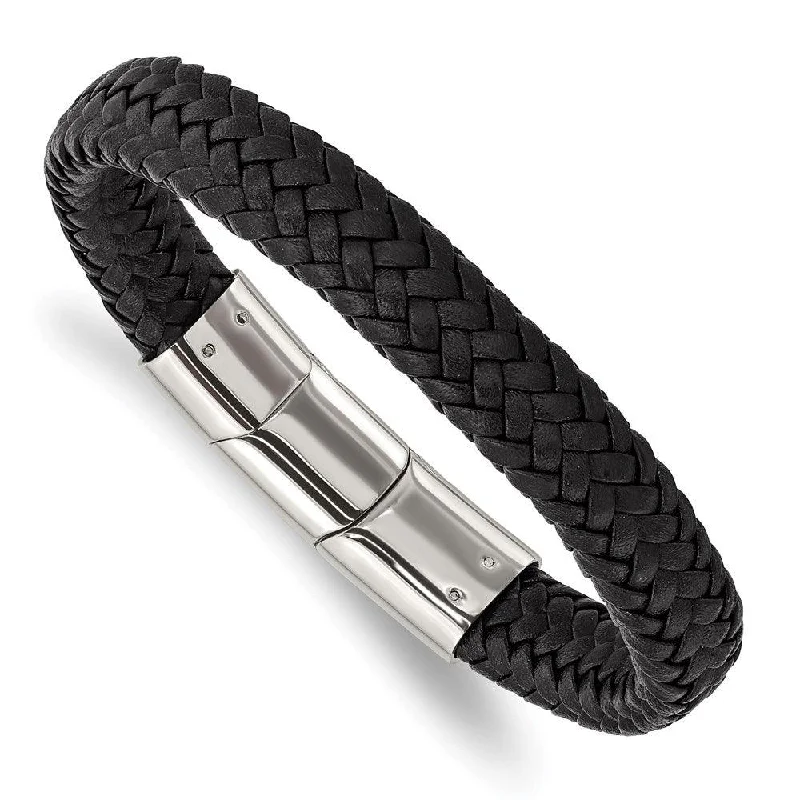 Boho Style Leather Bracelet-Stainless Steel Polished Black Woven Leather w/.5in ext 8in Bracelet