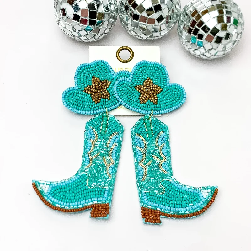 Stud Earrings for Women-Beaded Cowboy Hat and Boot Earrings with Gold Star in Turquoise Blue