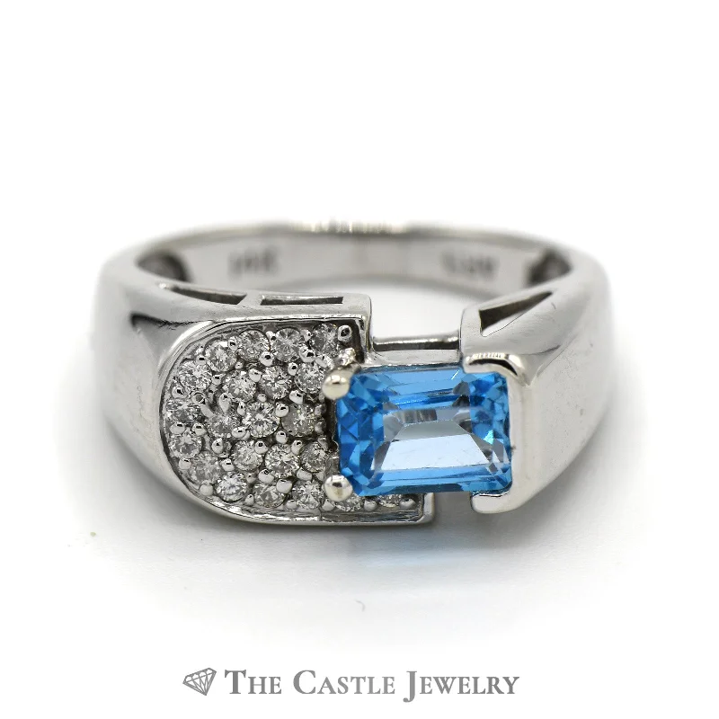 Stunning Gold Ring for Women-Emerald Cut Blue Topaz and Diamond Cluster Ring in 14k White Gold