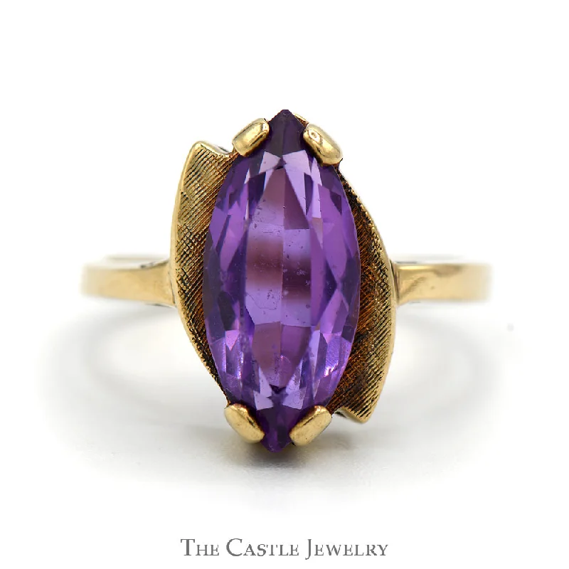 Solitaire Diamond Ring-Marquise Cut Amethyst Ring with Brushed Bypass Design in 10k Yellow Gold