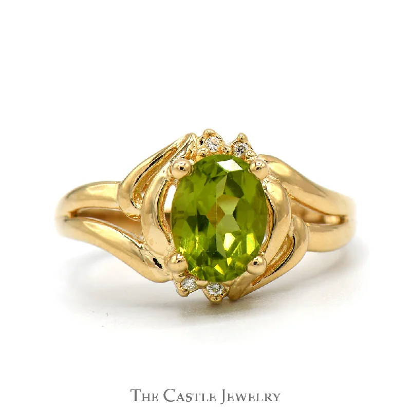 Ruby Engagement Ring-Oval Peridot Ring with Diamond Accents in 14k Yellow Gold Open Split Shank Design