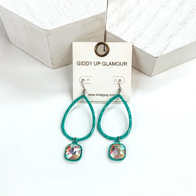 Colorful Gemstone Earrings-Small Hammered Teardrop Earrings with AB Hanging Crystal in Turquoise