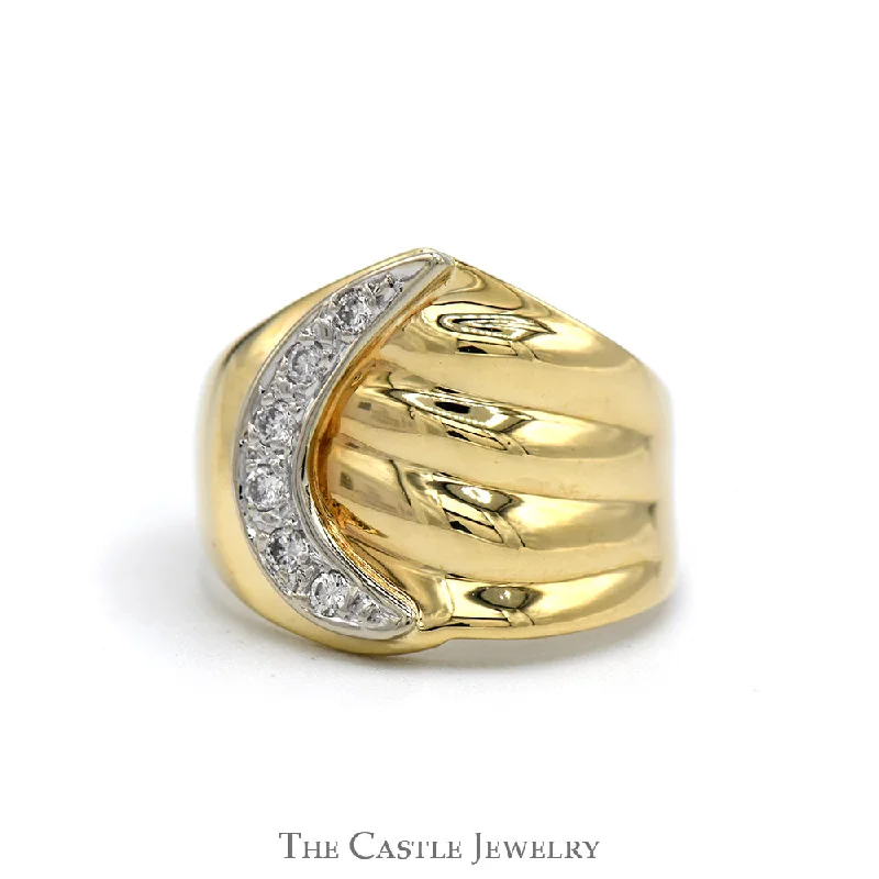 Personalized Name Ring-Diamond Accented Crescent Moon Ring with Ridged Design in 14k Yellow Gold