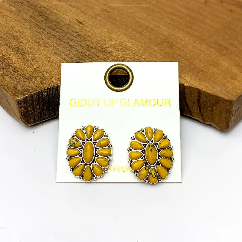 Modern Earrings for Teens-Silver Tone Concho Cluster Oval Earrings in Yellow