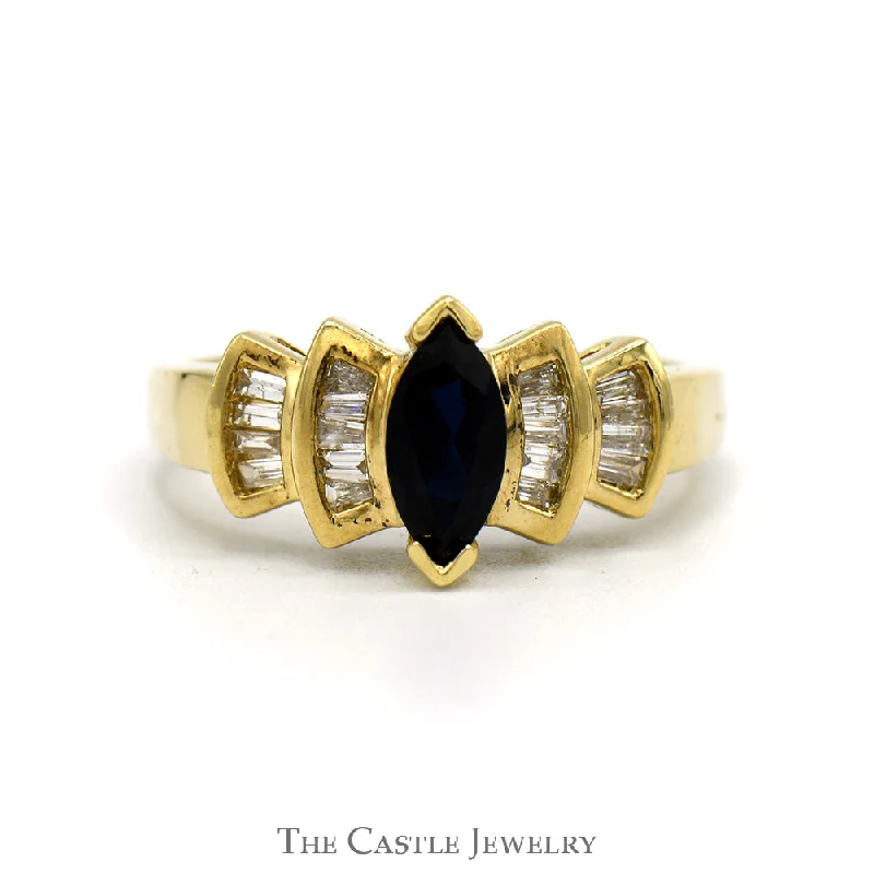 Vintage Engagement Ring with Diamonds-Marquise Cut Sapphire And Baguette Cut Diamond Ring .25 CTTW In 10KT Yellow Gold