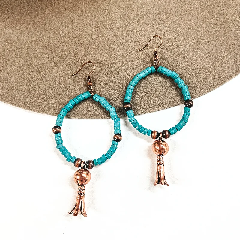 Diamond Hoop Earrings-Downtown Show Beaded Hoop Earrings with Faux Squash Blossom Drop in Turquoise and Copper Tone